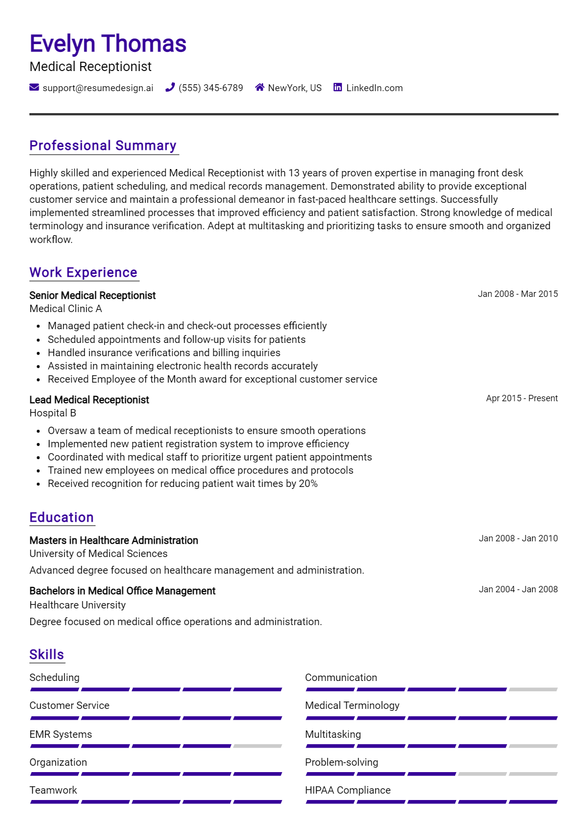 Medical Receptionist Resume Example