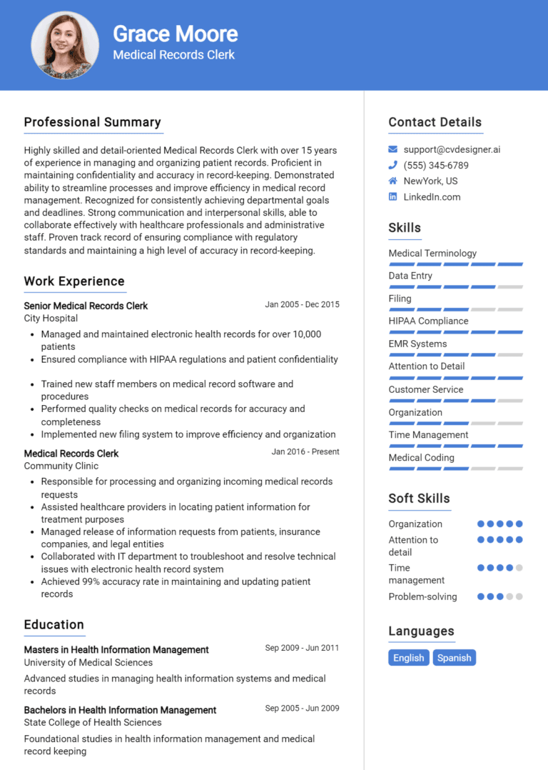 19 Medical Records Clerk Resume Examples And Templates for 2025