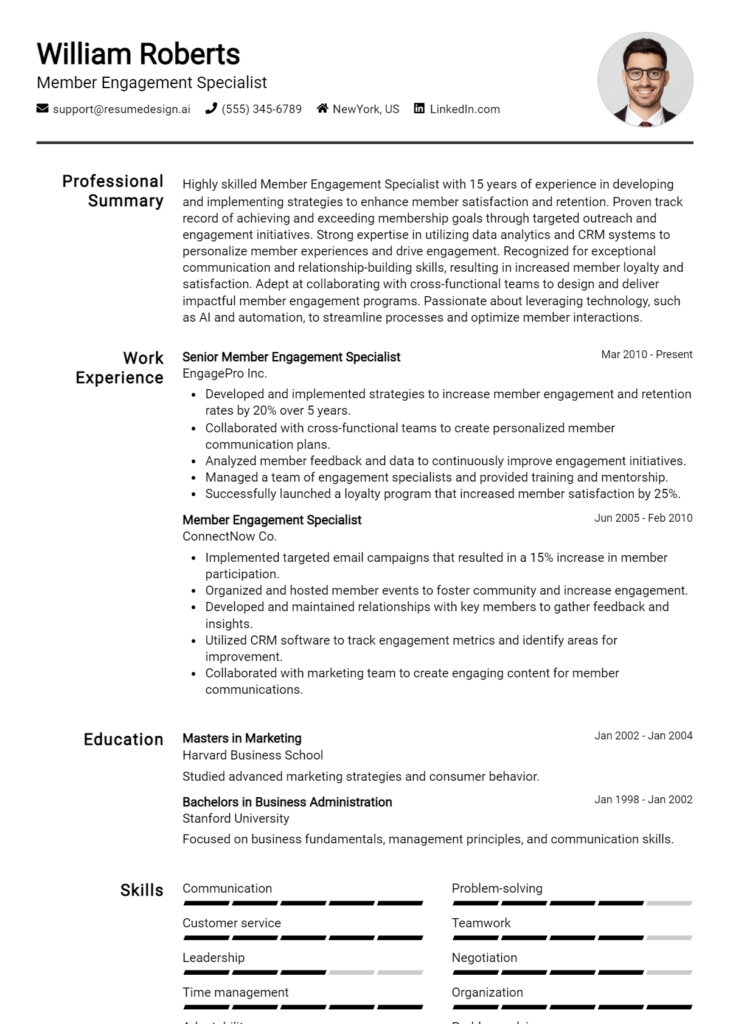 Member Engagement Specialist Resume Example