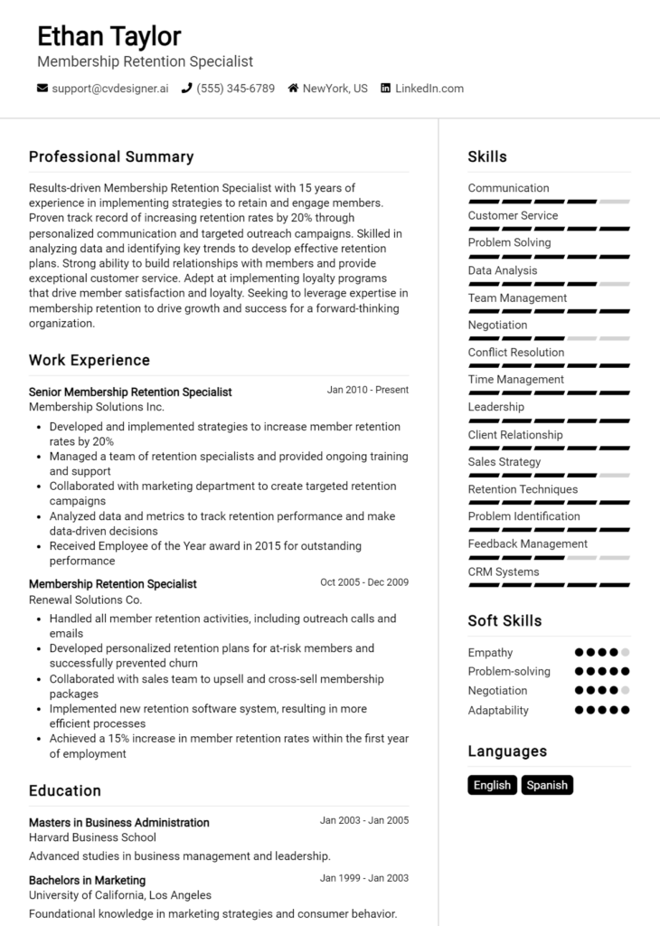 Membership Retention Specialist Resume Example