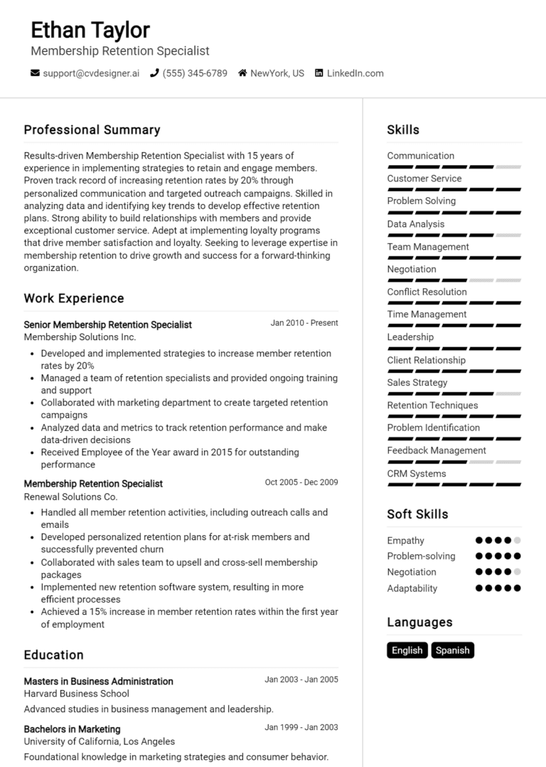 10 Membership Retention Specialist Resume Examples And Templates for 2025: Expert Tips