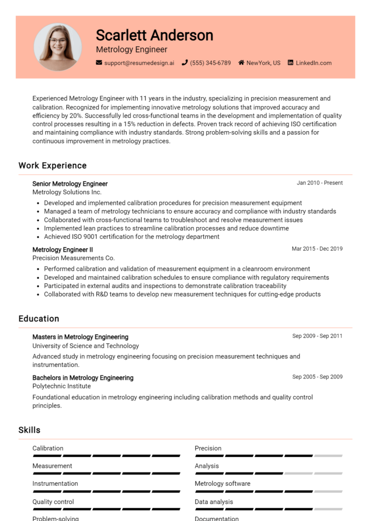 Metrology Engineer Resume Example