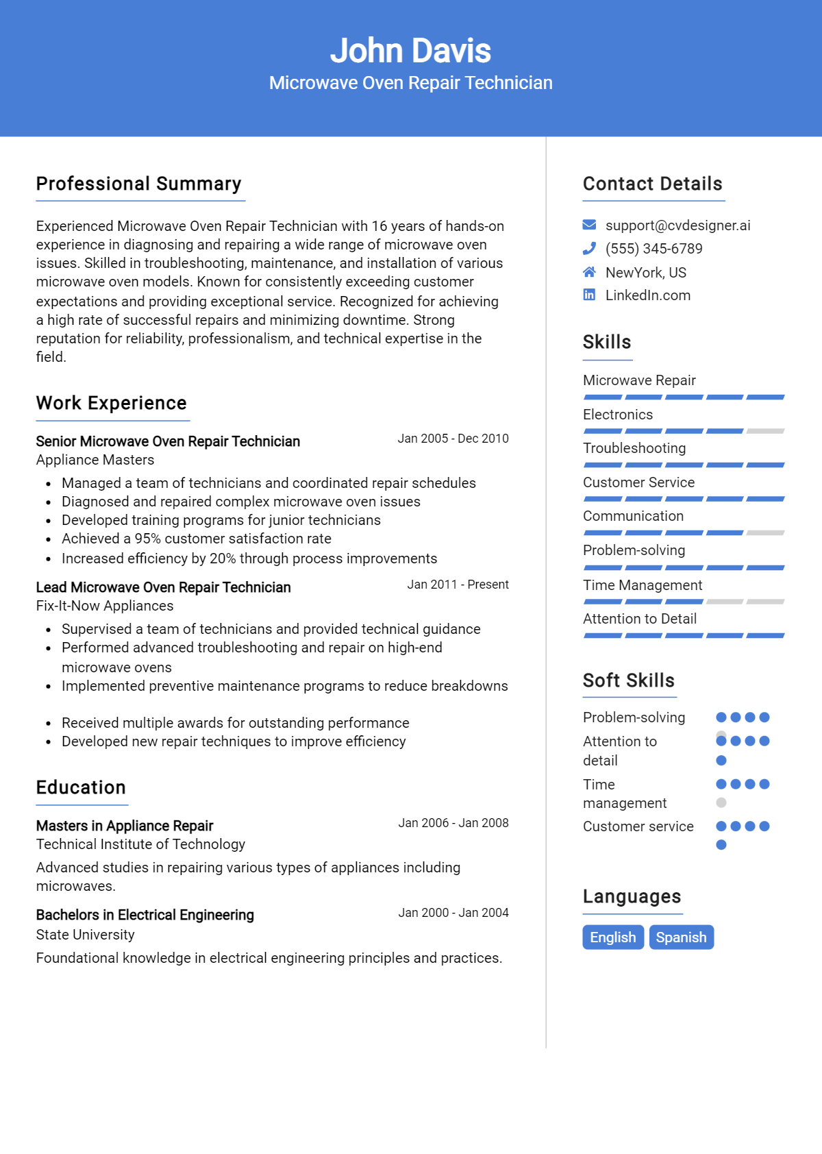 Microwave Oven Repair Technician Resume Example