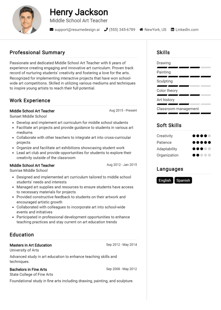 17 Middle School Art Teacher Resume Examples And Templates for 2025