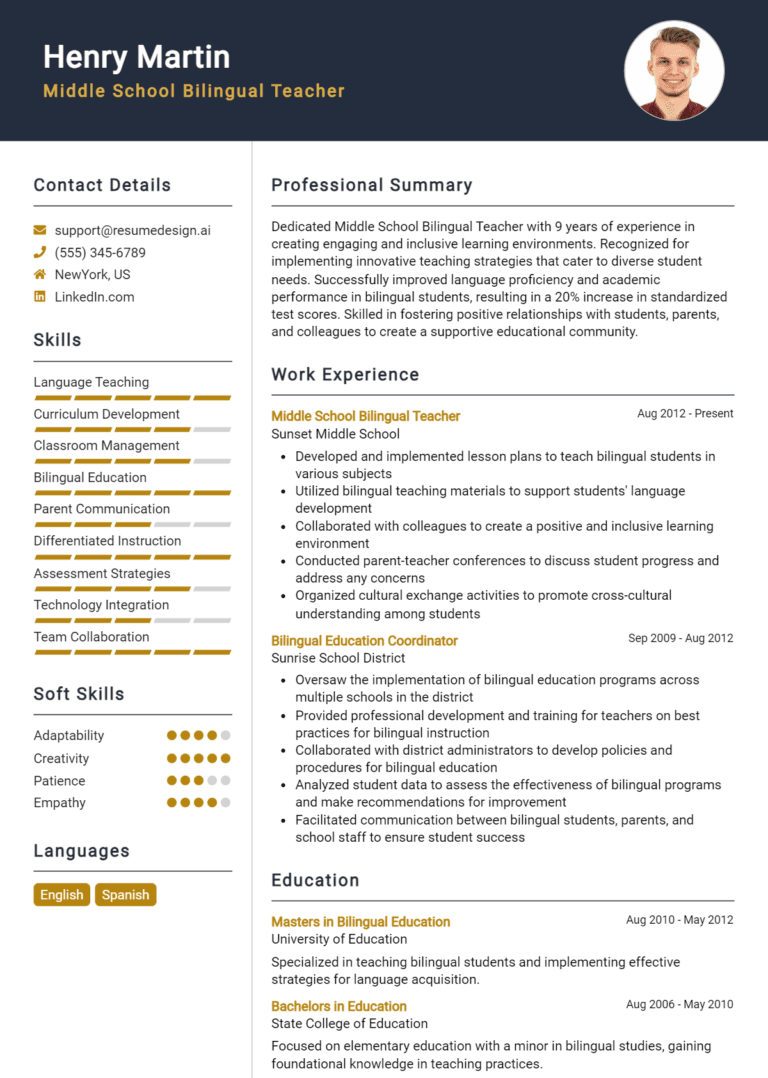 17 Middle School Bilingual Teacher Resume Examples And Templates for 2025