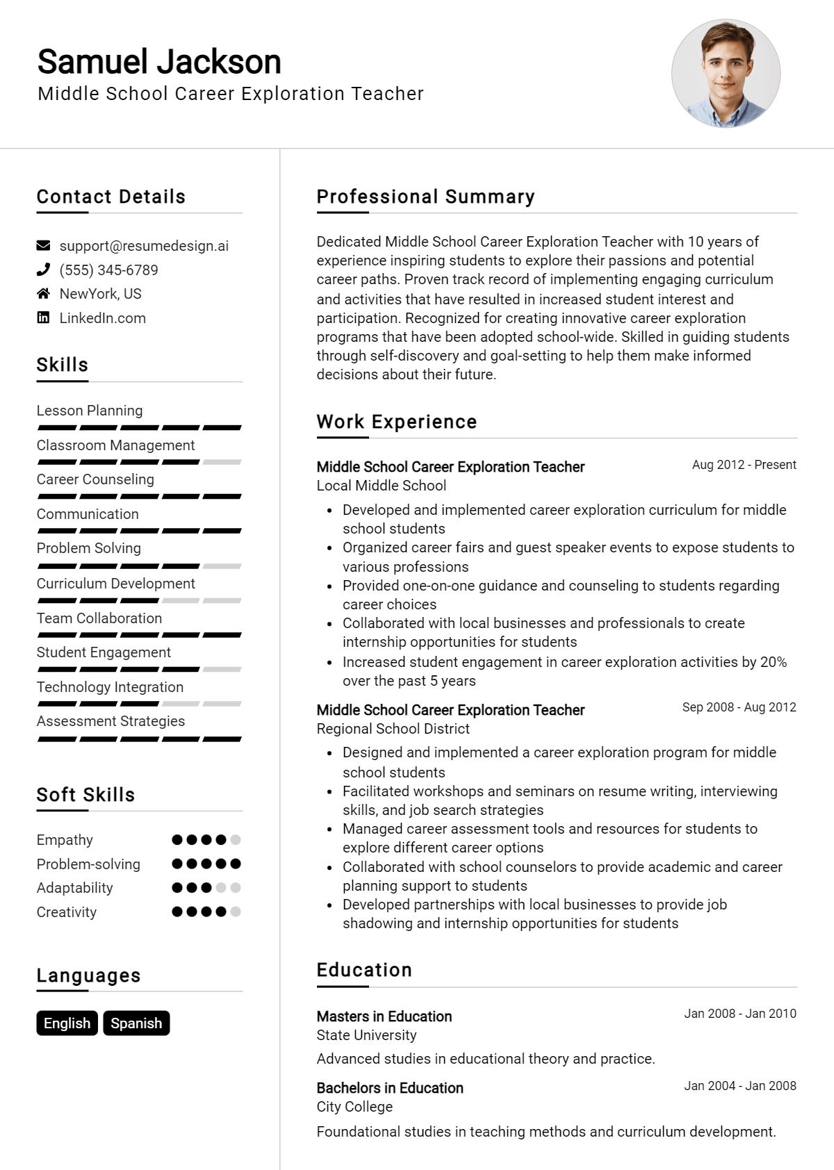 Middle School Career Exploration Teacher Resume Example