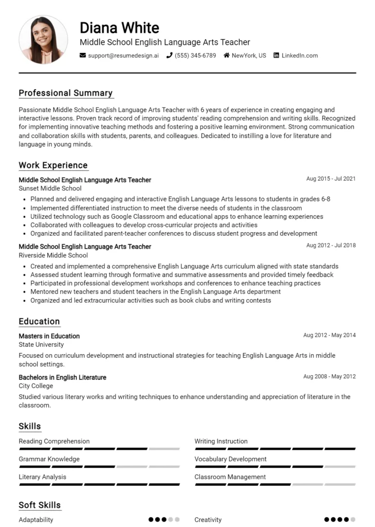 Middle School English Language Arts Teacher Resume Example