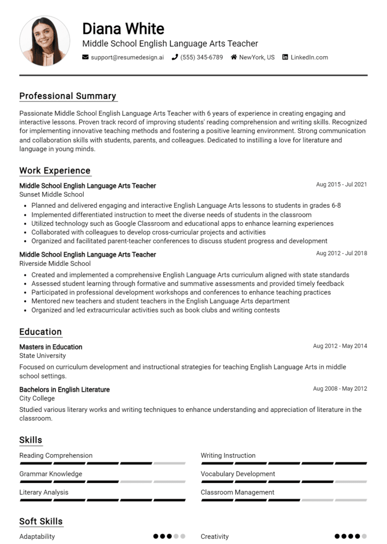 17 Middle School English Language Arts Teacher Resume Examples And Templates for 2025