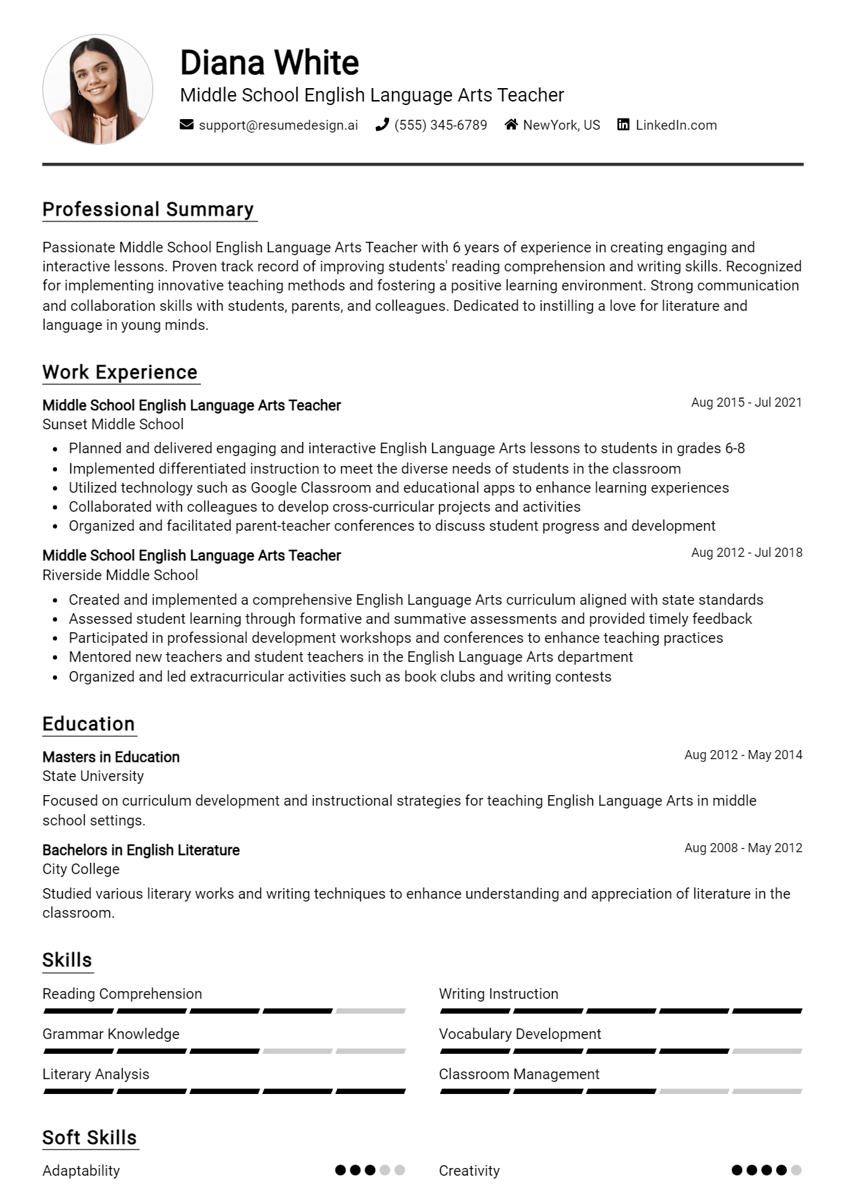 Middle School English Language Arts Teacher Resume Example