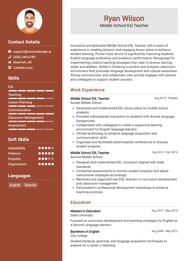 17 Middle School ESL Teacher Resume Examples And Templates for 2025
