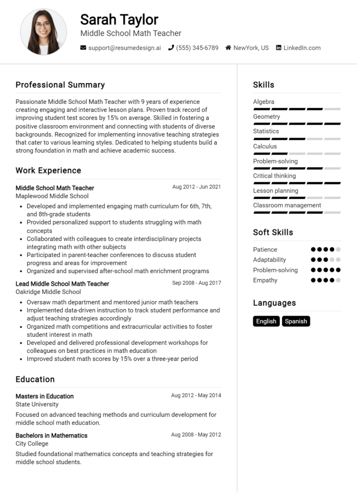 Middle School Math Teacher Resume Example