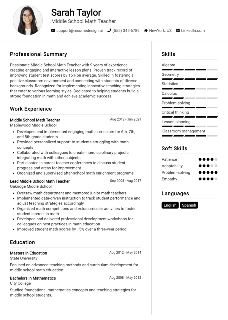 17 Middle School Math Teacher Resume Examples And Templates for 2025