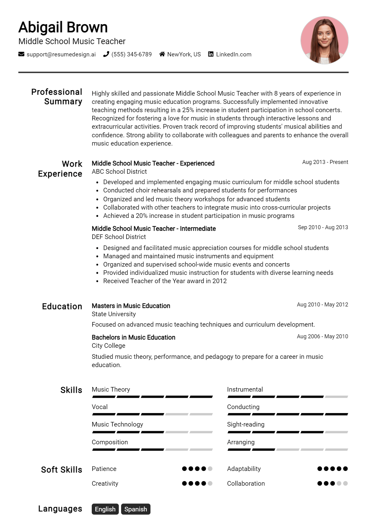 Middle School Music Teacher Resume Example