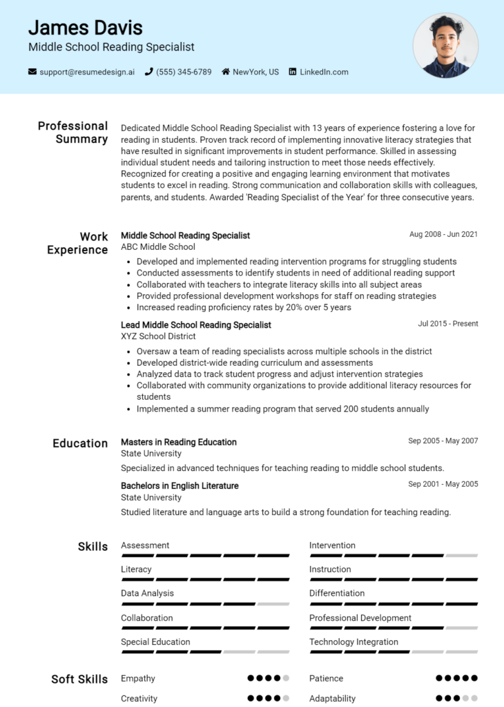 Middle School Reading Specialist Resume Example