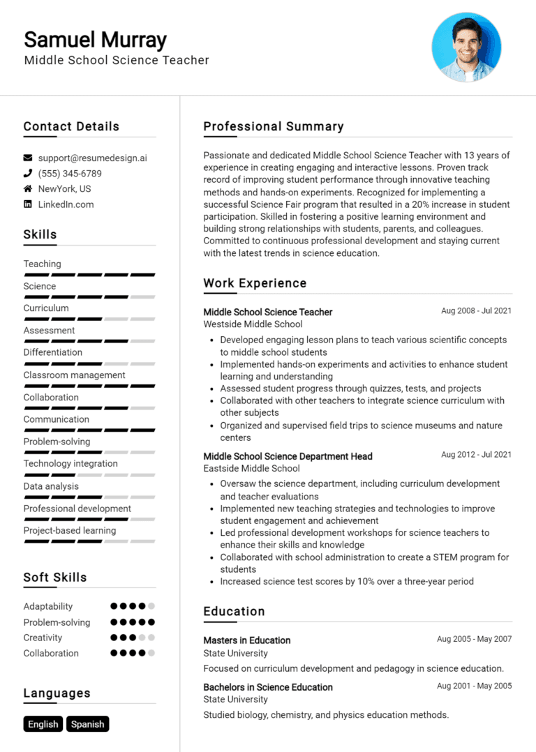 17 Middle School Science Teacher Resume Examples And Templates for 2025: Best Tips