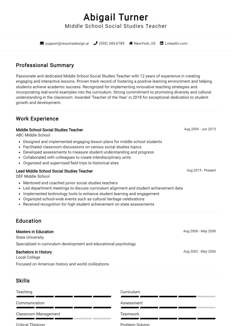 17 Middle School Social Studies Teacher Resume Examples And Templates for 2025 [Guide]