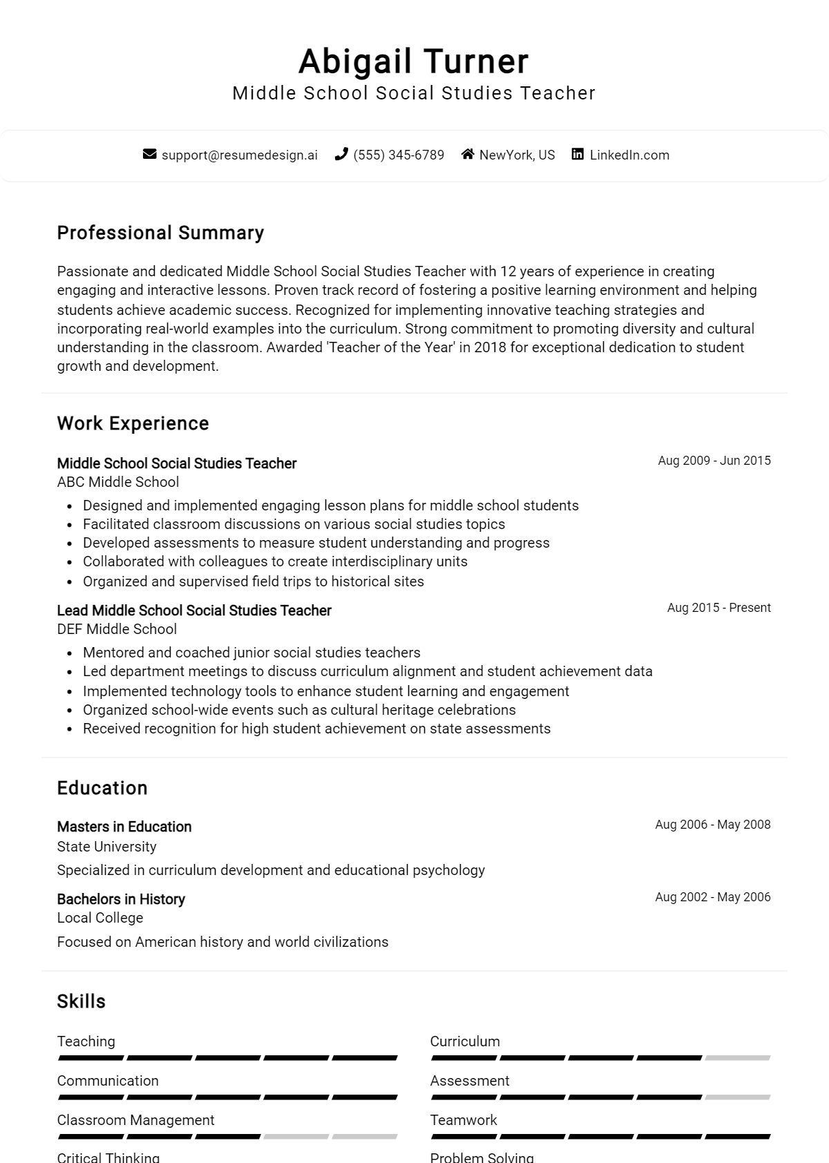 Middle School Social Studies Teacher Resume Example