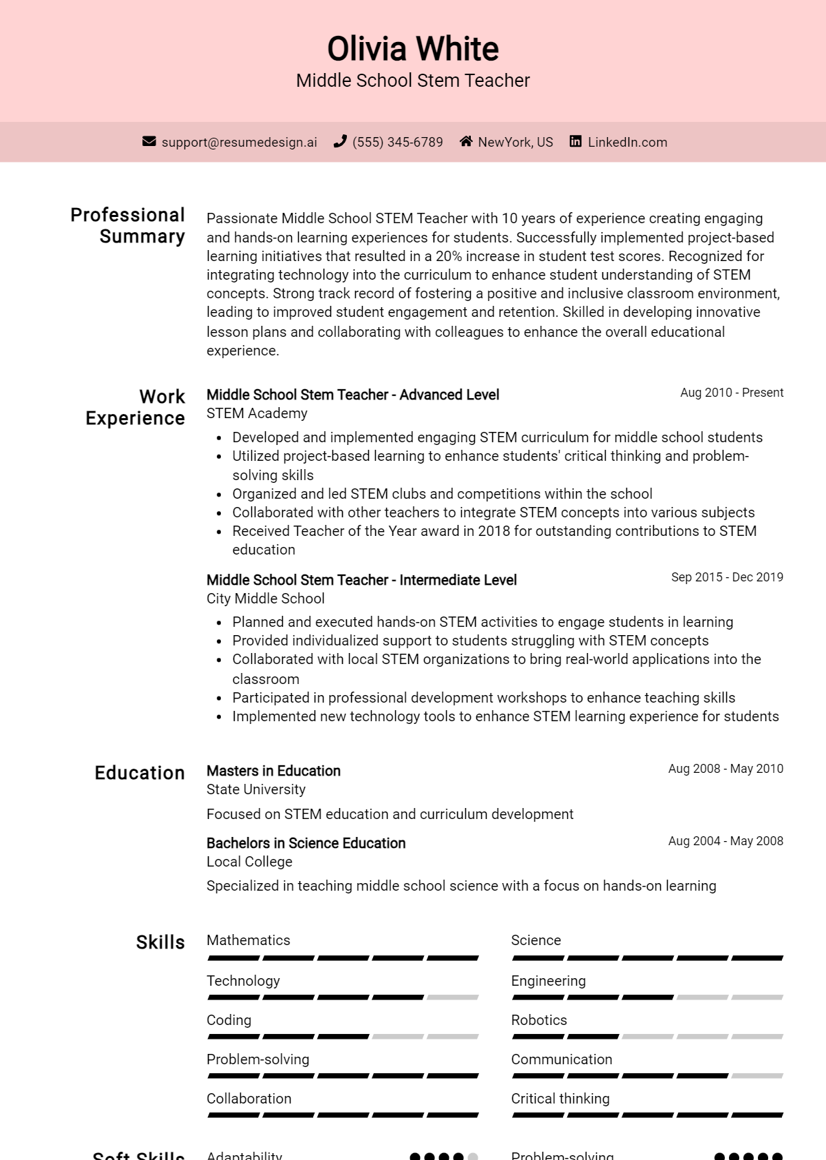 Middle School Stem Teacher Resume Example