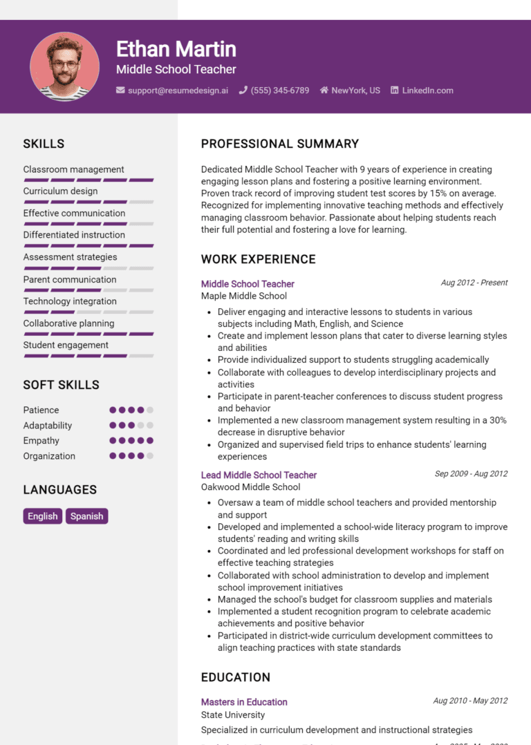 17 Middle School Teacher Resume Examples And Templates for 2025