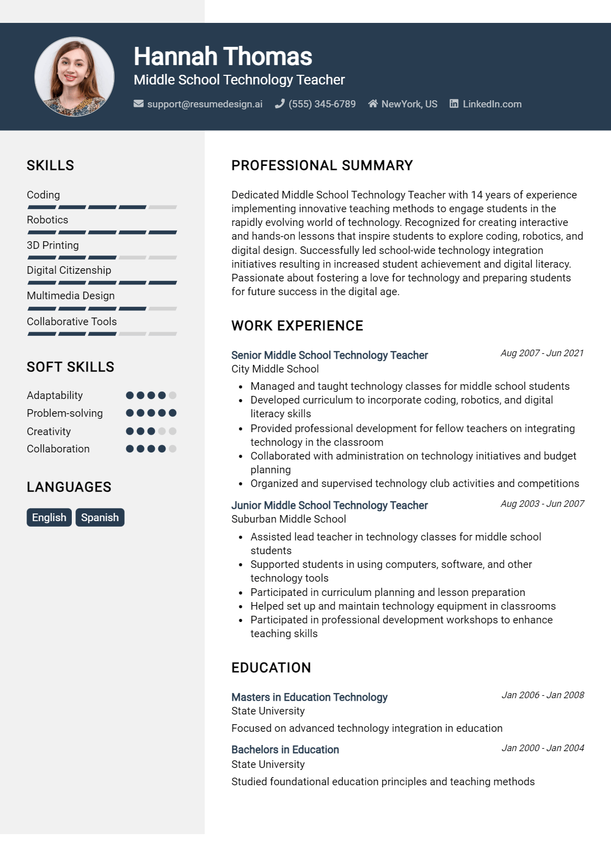 Middle School Technology Teacher Resume Example