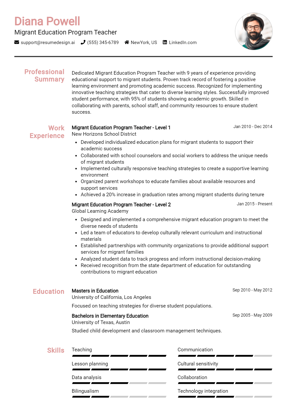 Migrant Education Program Teacher Resume Example