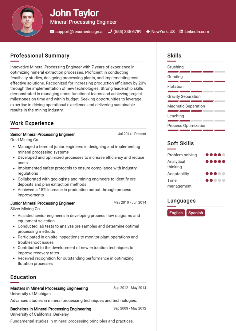 18 Mineral Processing Engineer Resume Examples And Templates for 2025