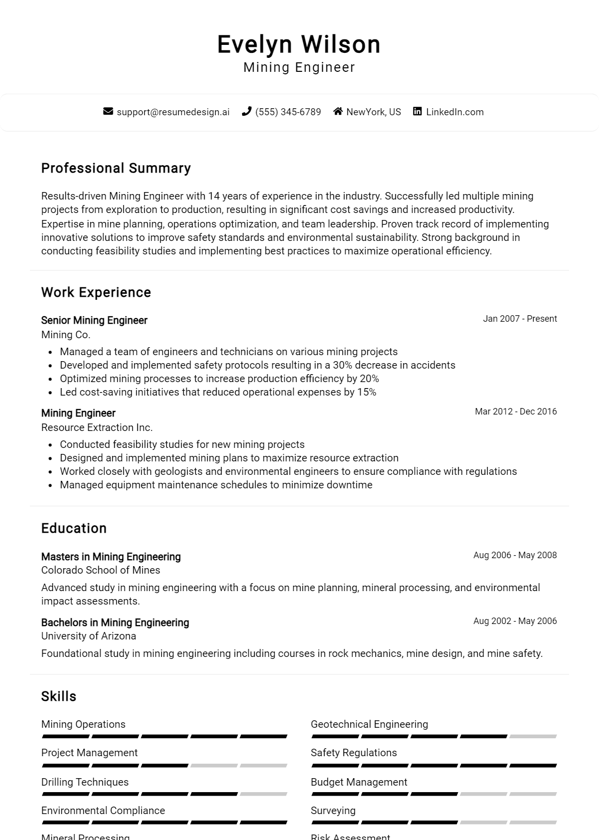 Mining Engineer Resume Example