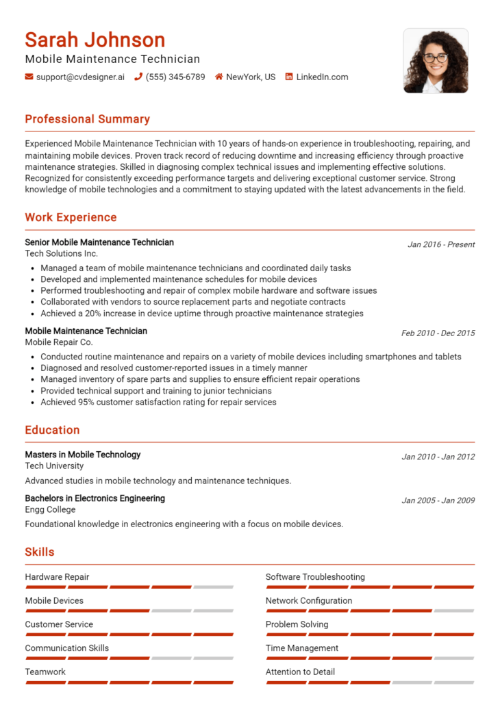 Mobile Maintenance Technician Resume Example