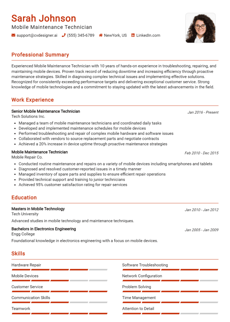 25 Mobile Maintenance Technician Resume Examples And Templates for 2025