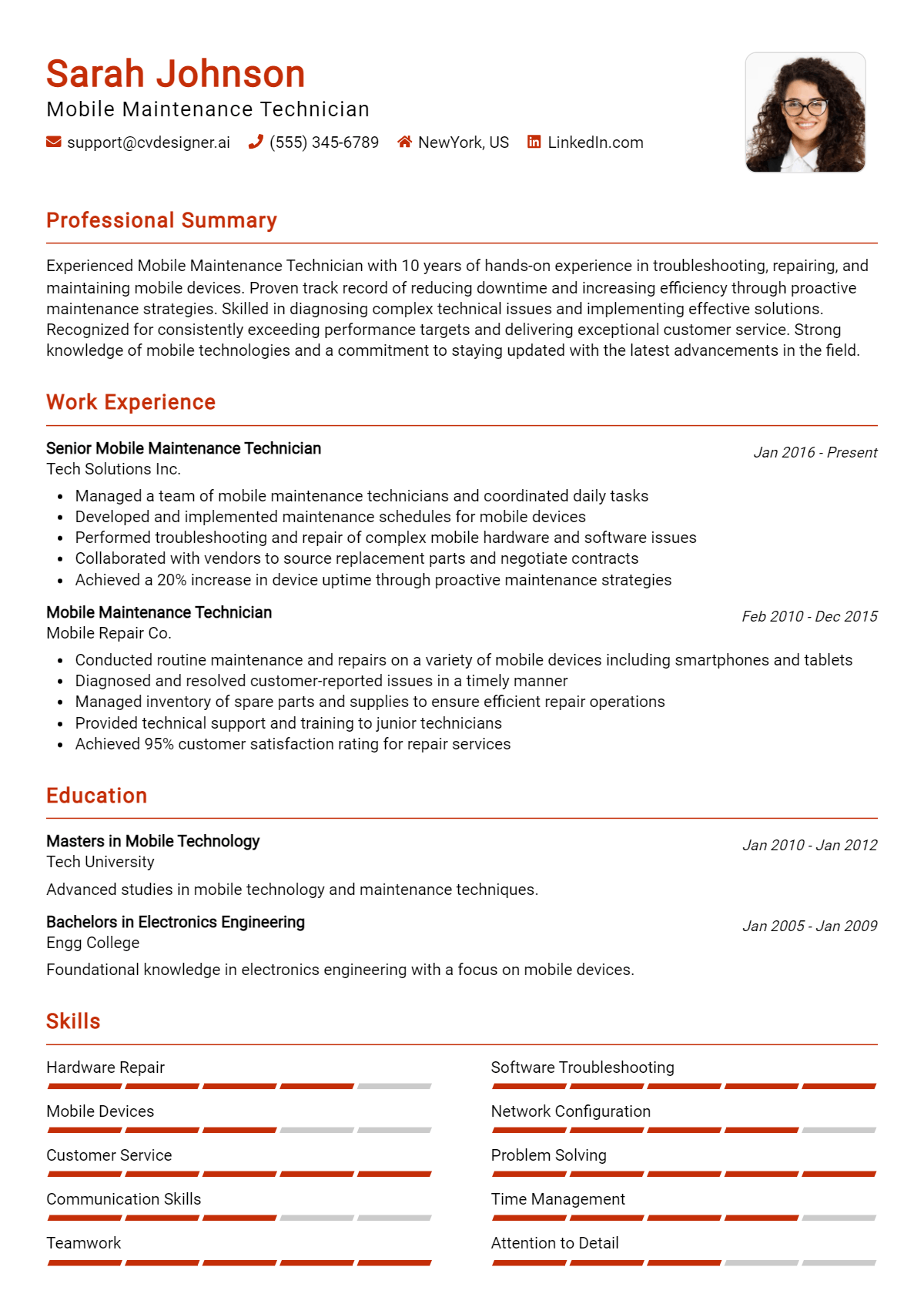 Mobile Maintenance Technician Resume Example