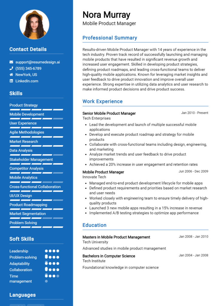 Mobile Product Manager Resume Example