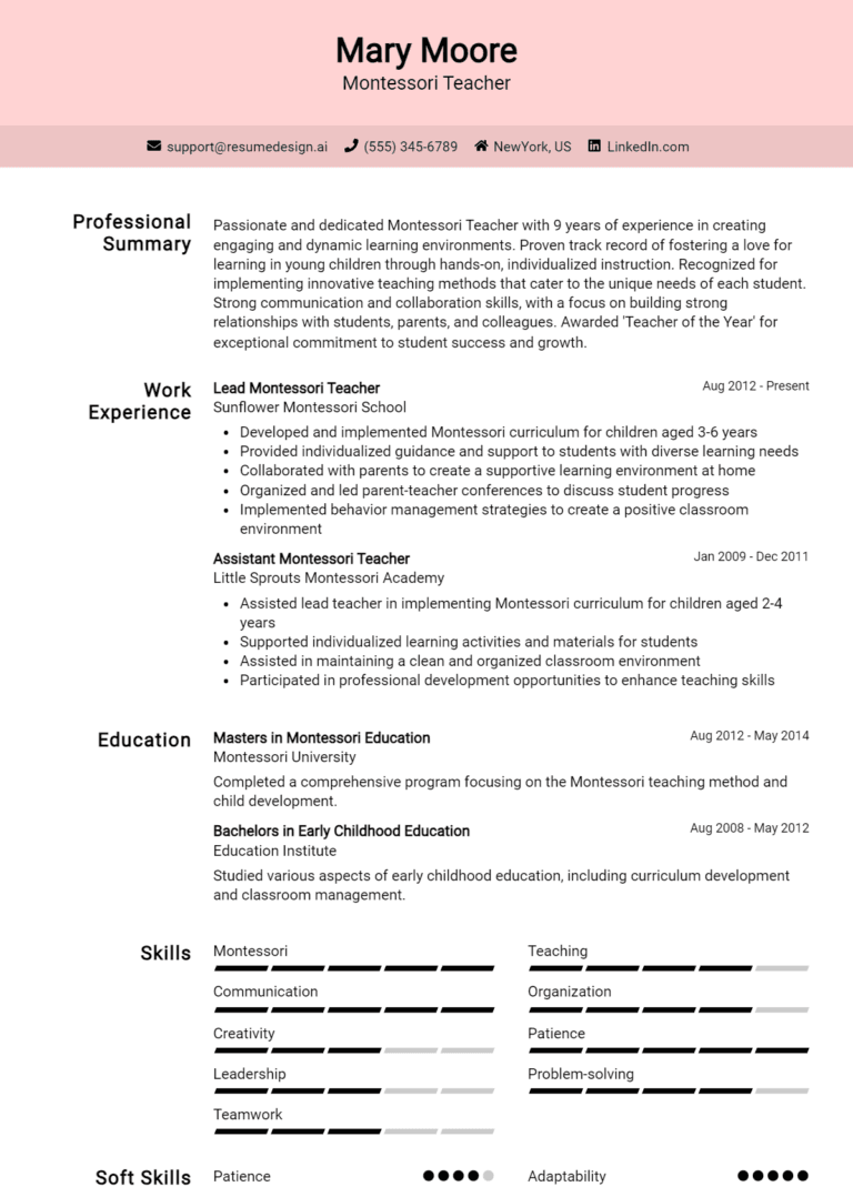 11 Montessori Teacher Resume Examples And Templates for 2025