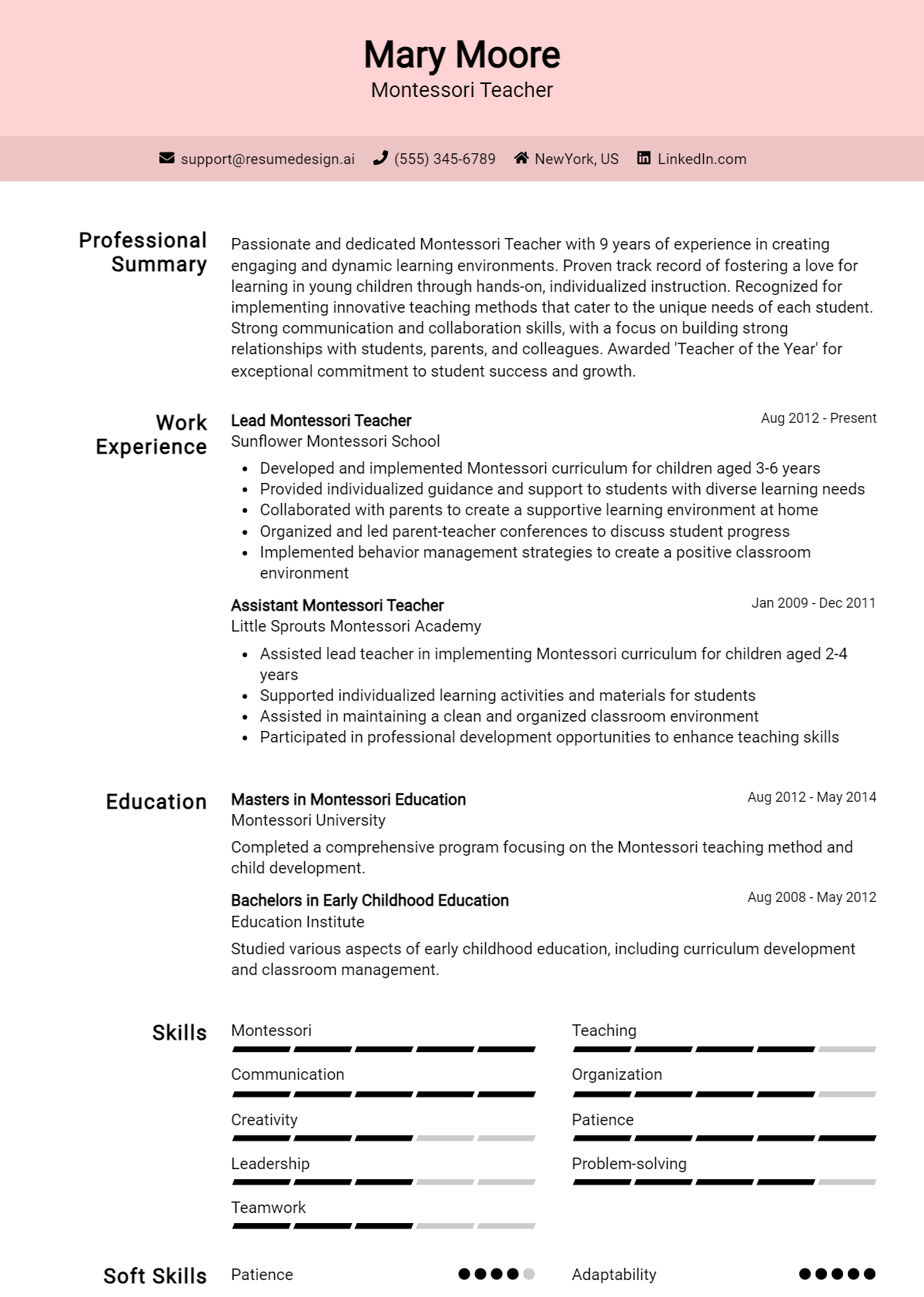 Montessori Teacher Resume Example