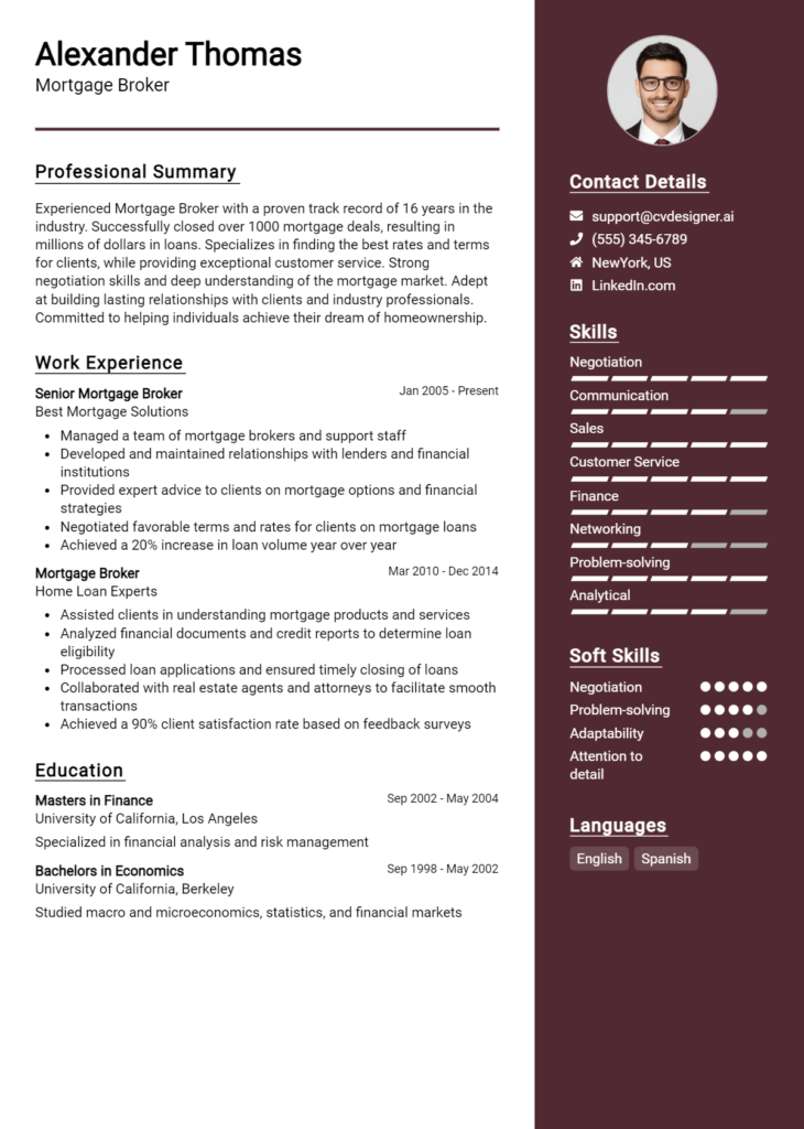 Mortgage Broker Resume Example