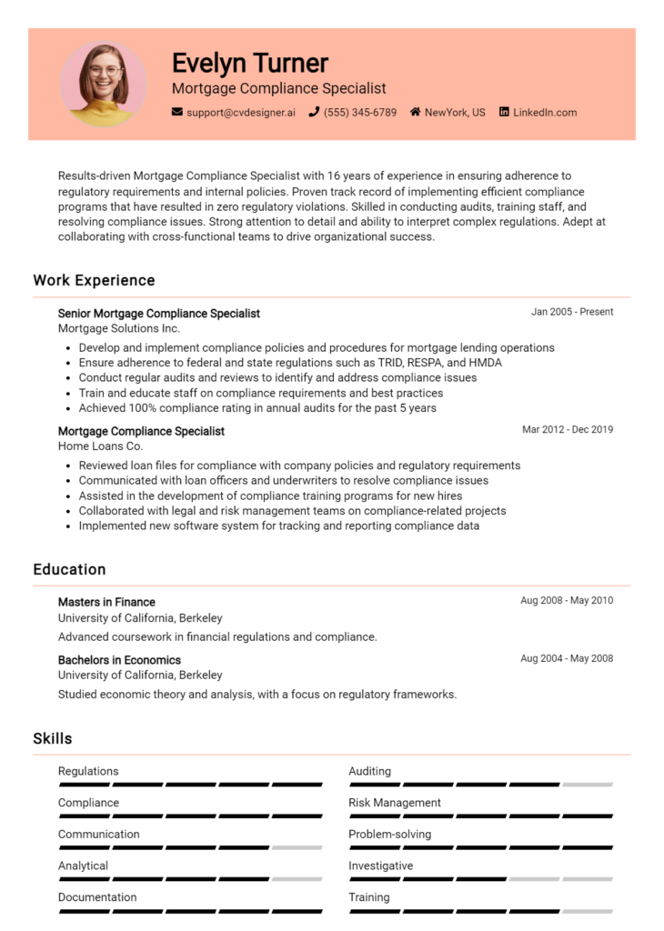 Mortgage Compliance Specialist Resume Example