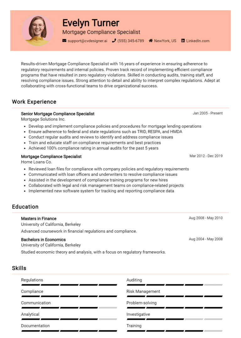 18 Mortgage Compliance Specialist Resume Examples And Templates for 2025