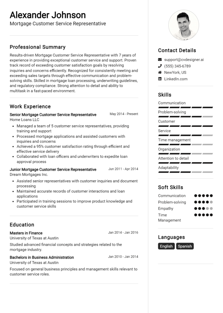 Mortgage Customer Service Representative Resume Example