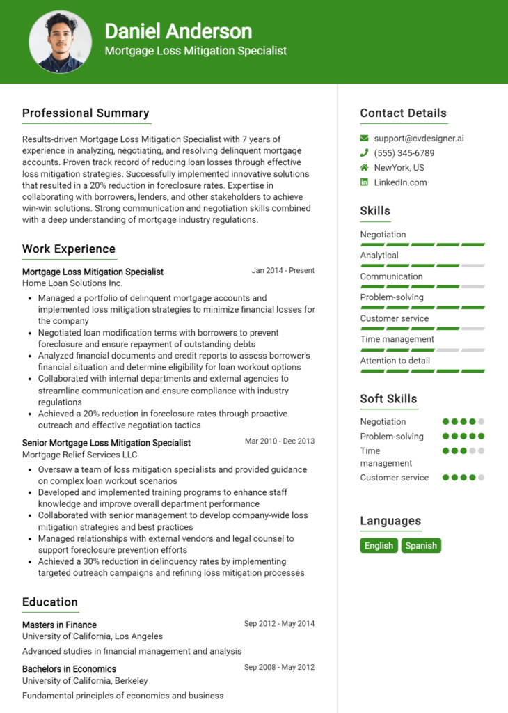 Mortgage Loss Mitigation Specialist Resume Example