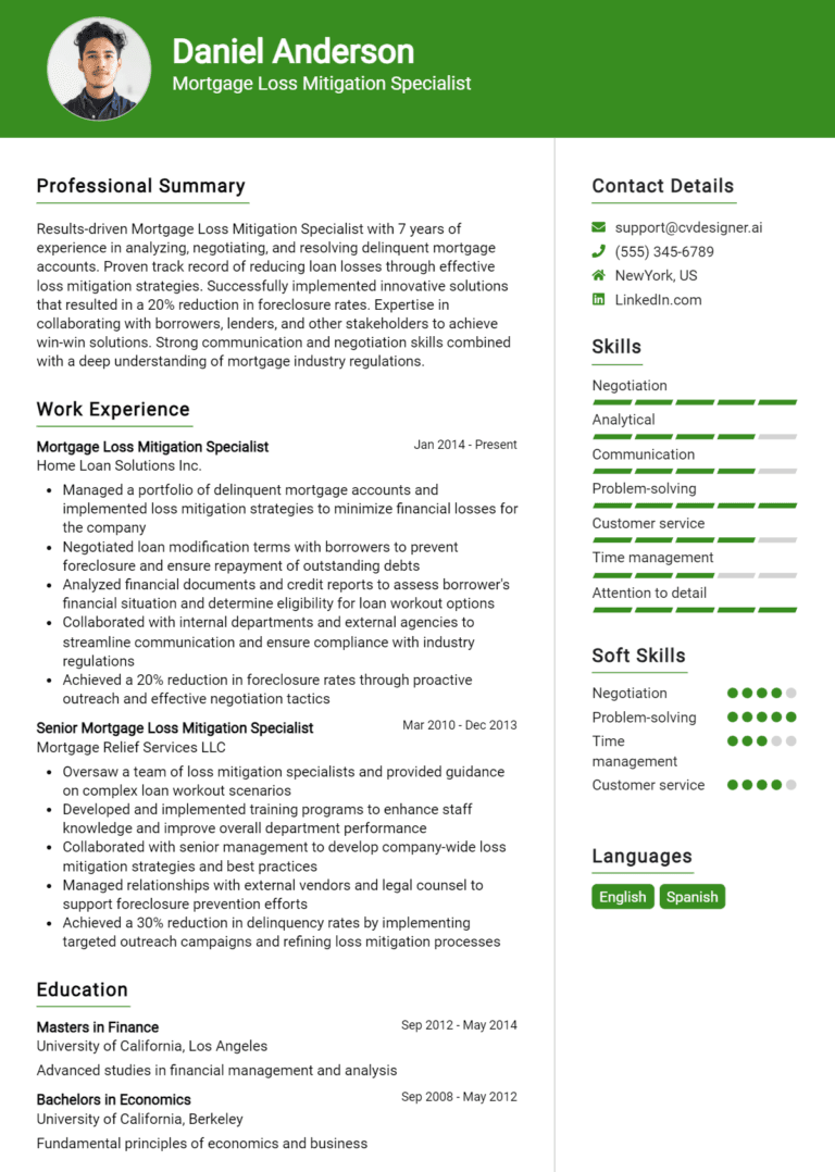 18 Mortgage Loss Mitigation Specialist Resume Examples And Templates for 2025