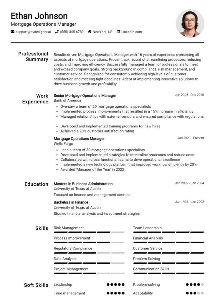 Mortgage Operations Manager Resume Example