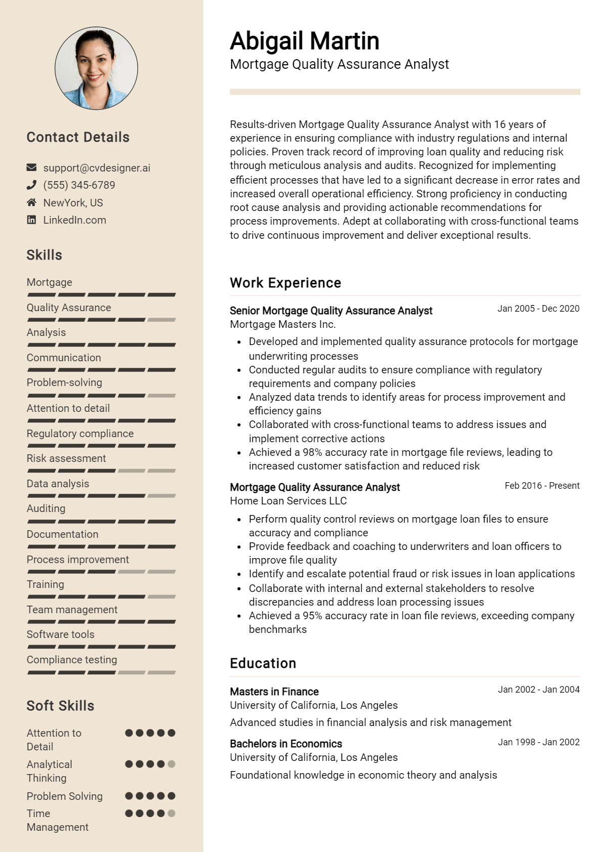 Mortgage Quality Assurance Analyst Resume Example