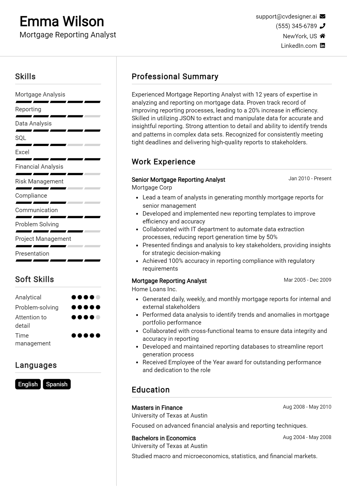 Mortgage Reporting Analyst Resume Example