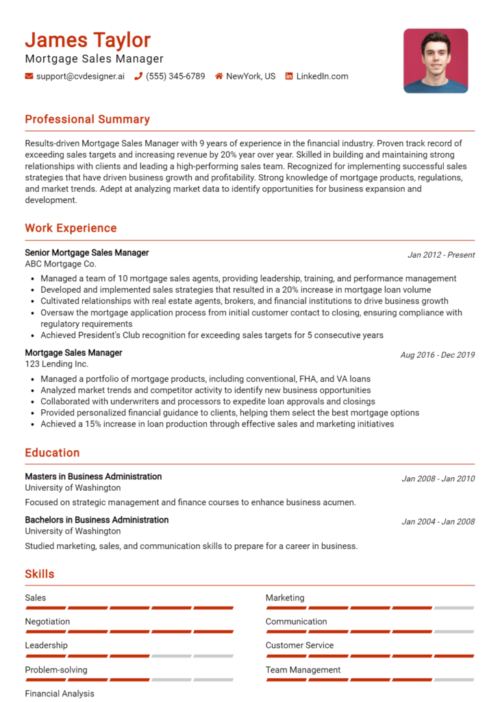 Mortgage Sales Manager Resume Example