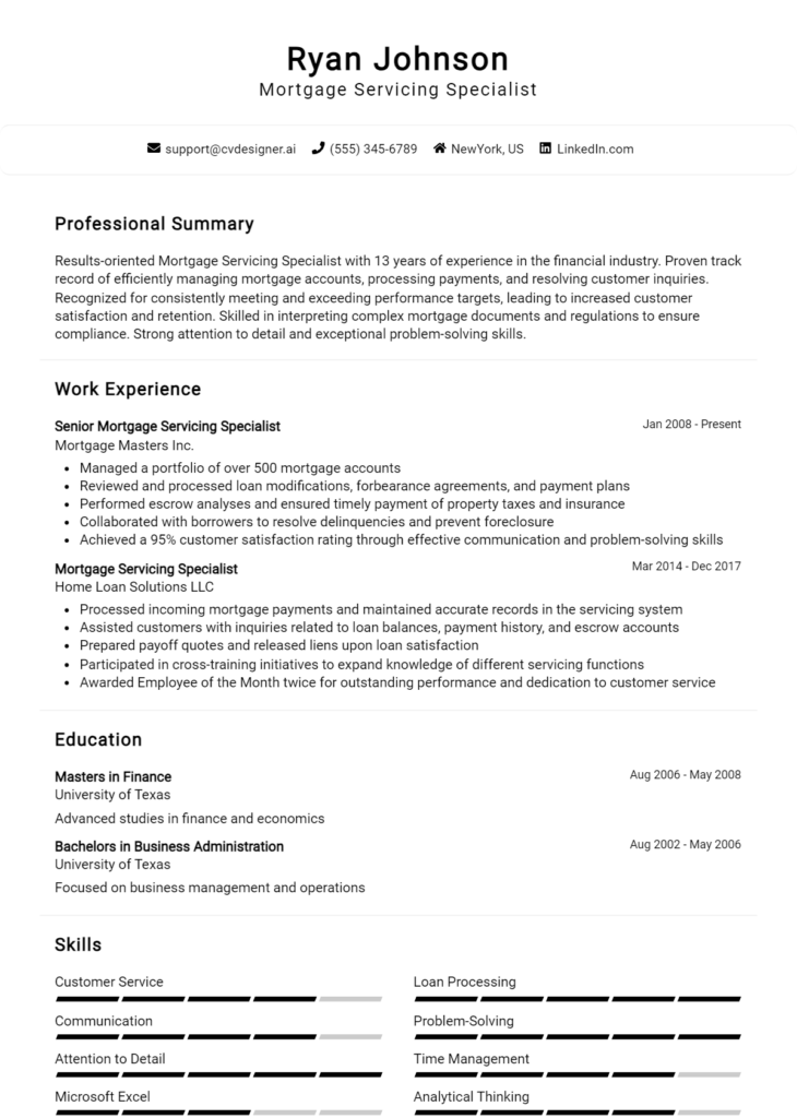 Mortgage Servicing Specialist Resume Example