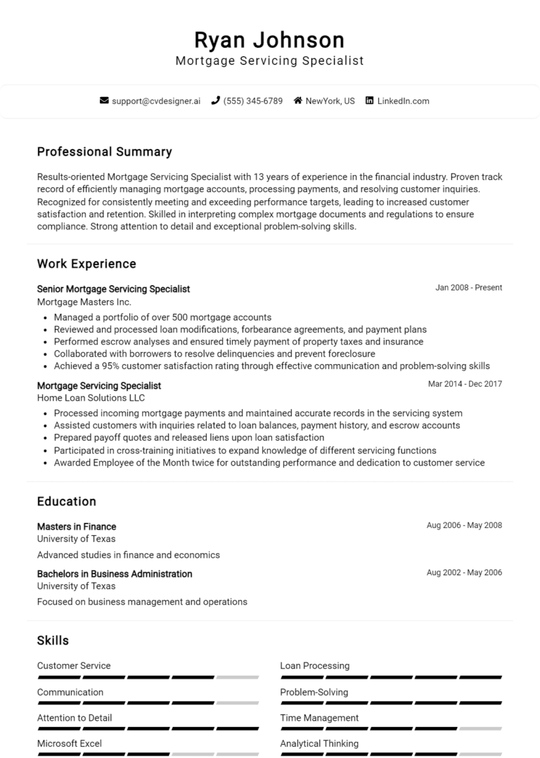18 Mortgage Servicing Specialist Resume Examples And Templates for 2025 (Downloadable)