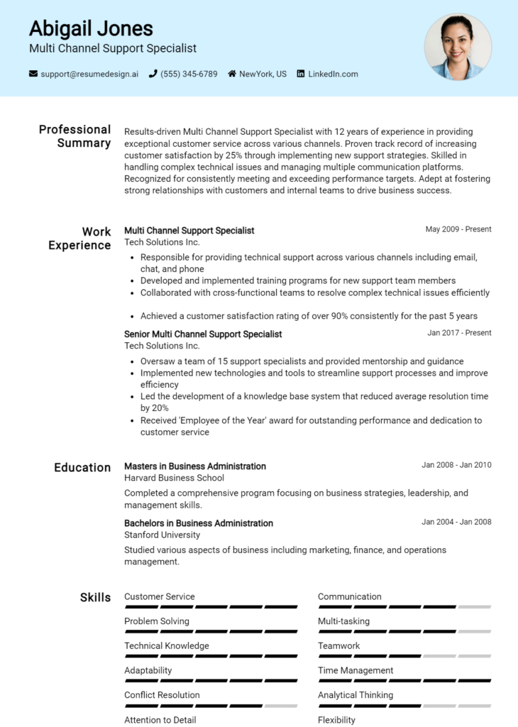 Multi Channel Support Specialist Resume Example