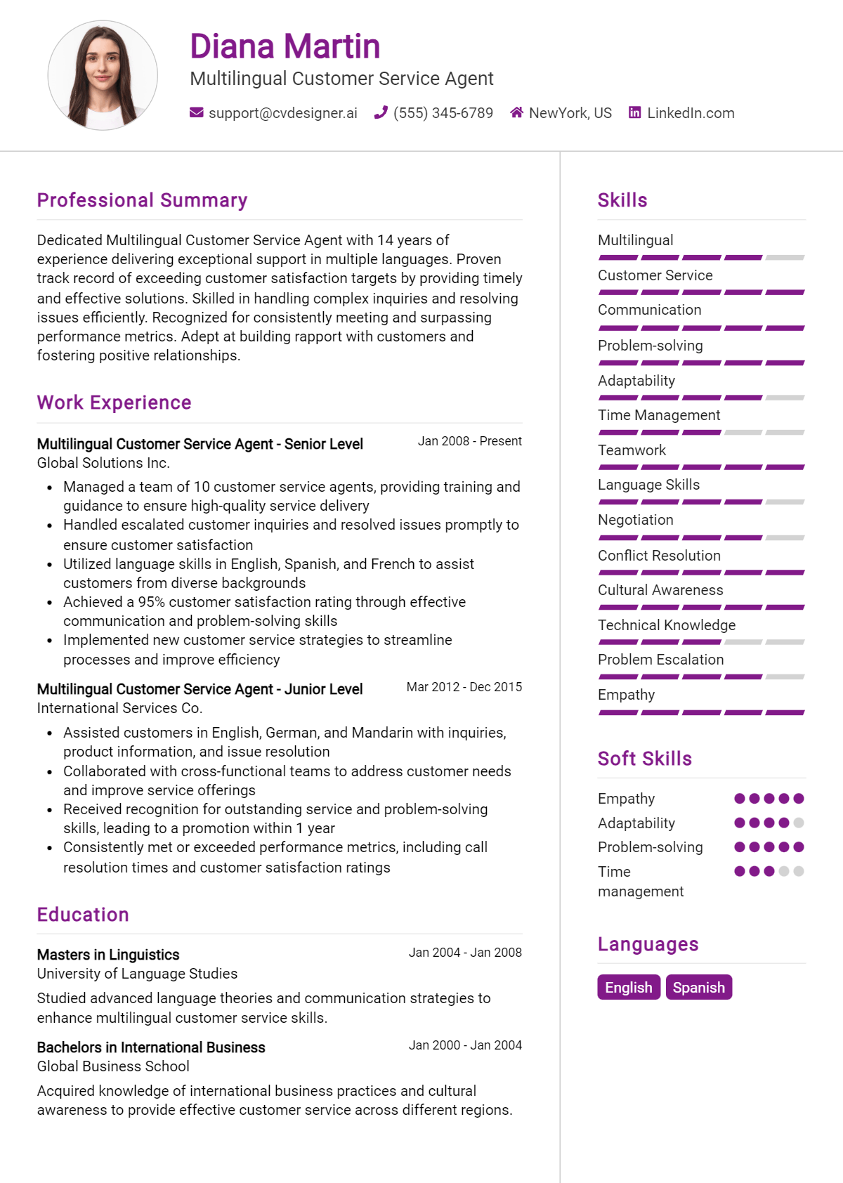 Multilingual Customer Service Agent Resume Example