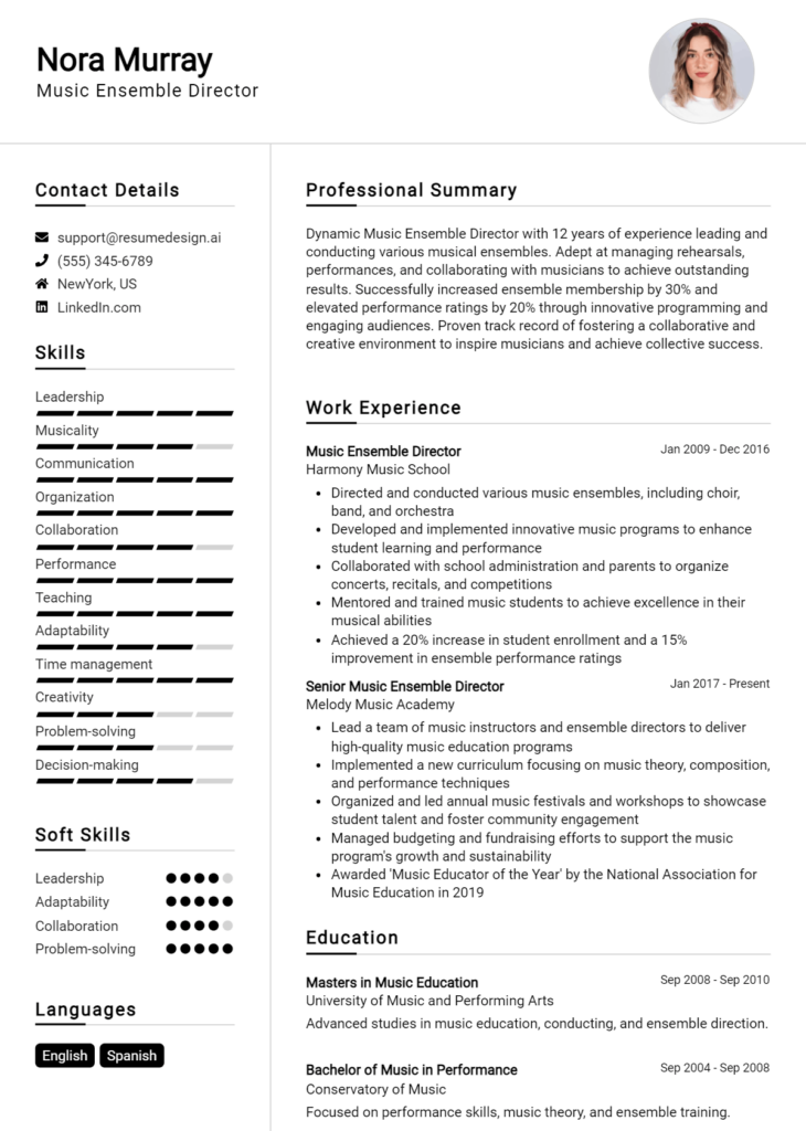 Music Ensemble Director Resume Example