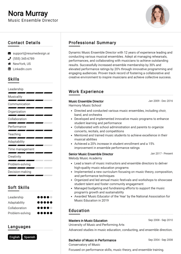 16 Music Ensemble Director Resume Examples And Templates for 2025 (Downloadable)