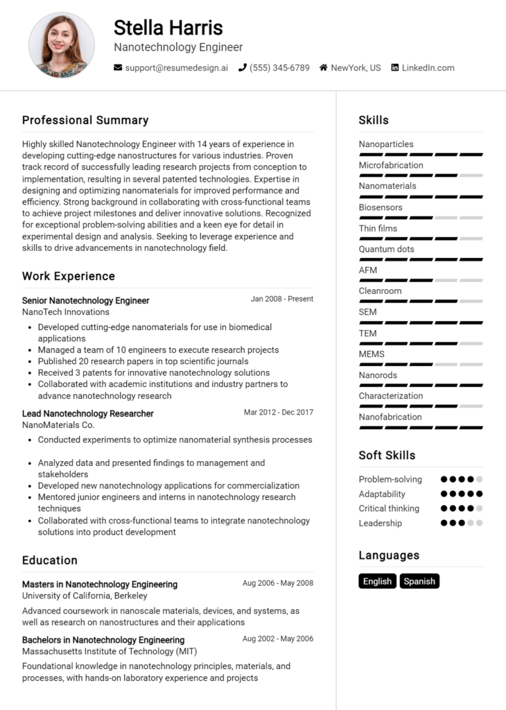 Nanotechnology Engineer Resume Example